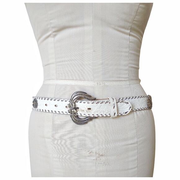 Western Tooled Leather Belt Size L Metallic Silver Braid with Flower Hardware main image 11